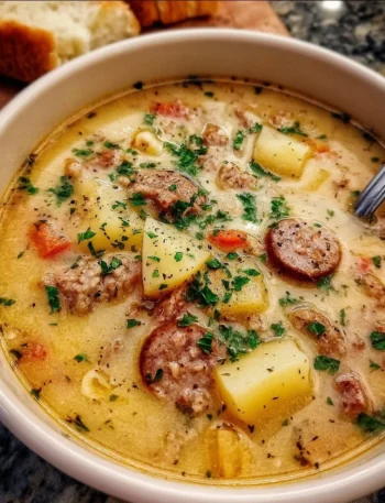 Bowl of hearty Sausage Potato Soup with fresh herbs and ingredients