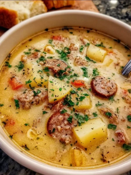 Bowl of hearty Sausage Potato Soup with fresh herbs and ingredients