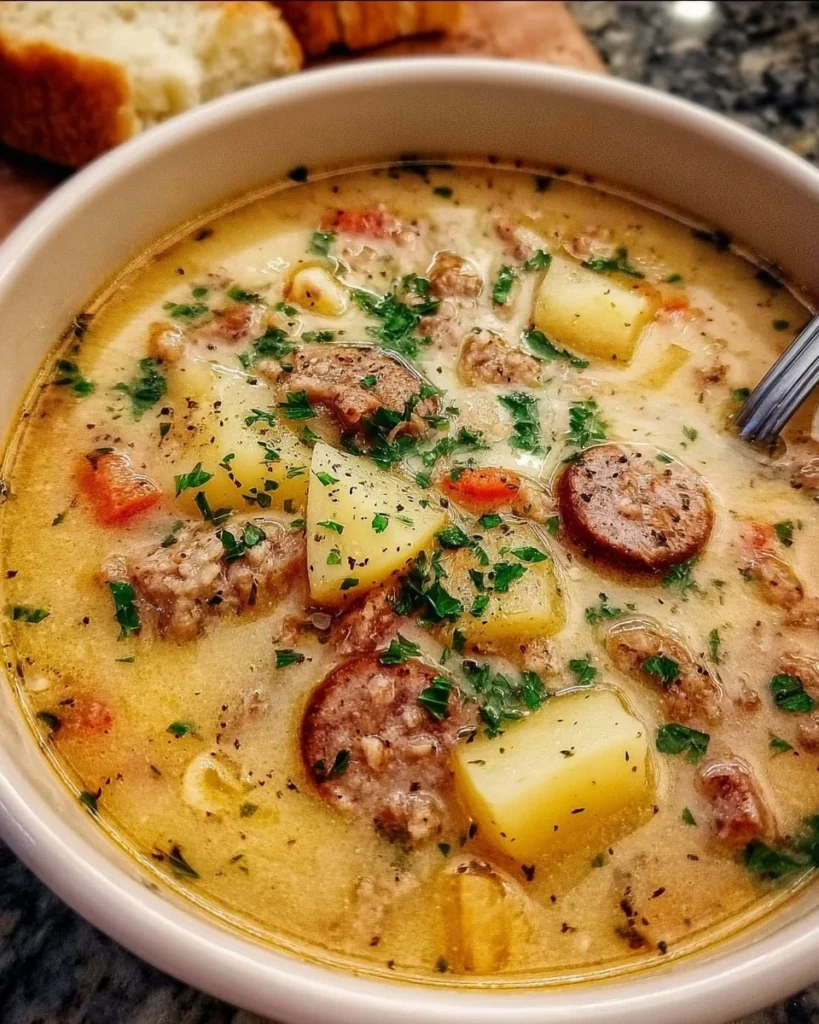 Bowl of hearty Sausage Potato Soup with fresh herbs and ingredients