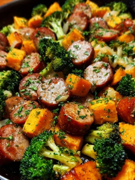 Sheet pan sausage and sweet potatoes with honey garlic sauce, caramelized and delicious.