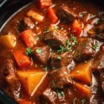 Bowl of simple beef stew with vegetables and herbs