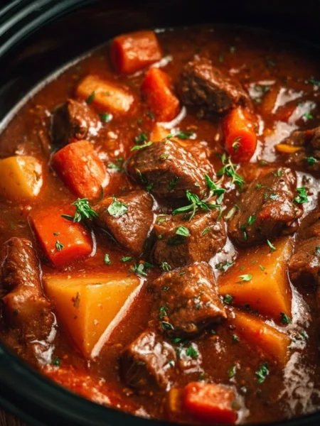 Bowl of simple beef stew with vegetables and herbs