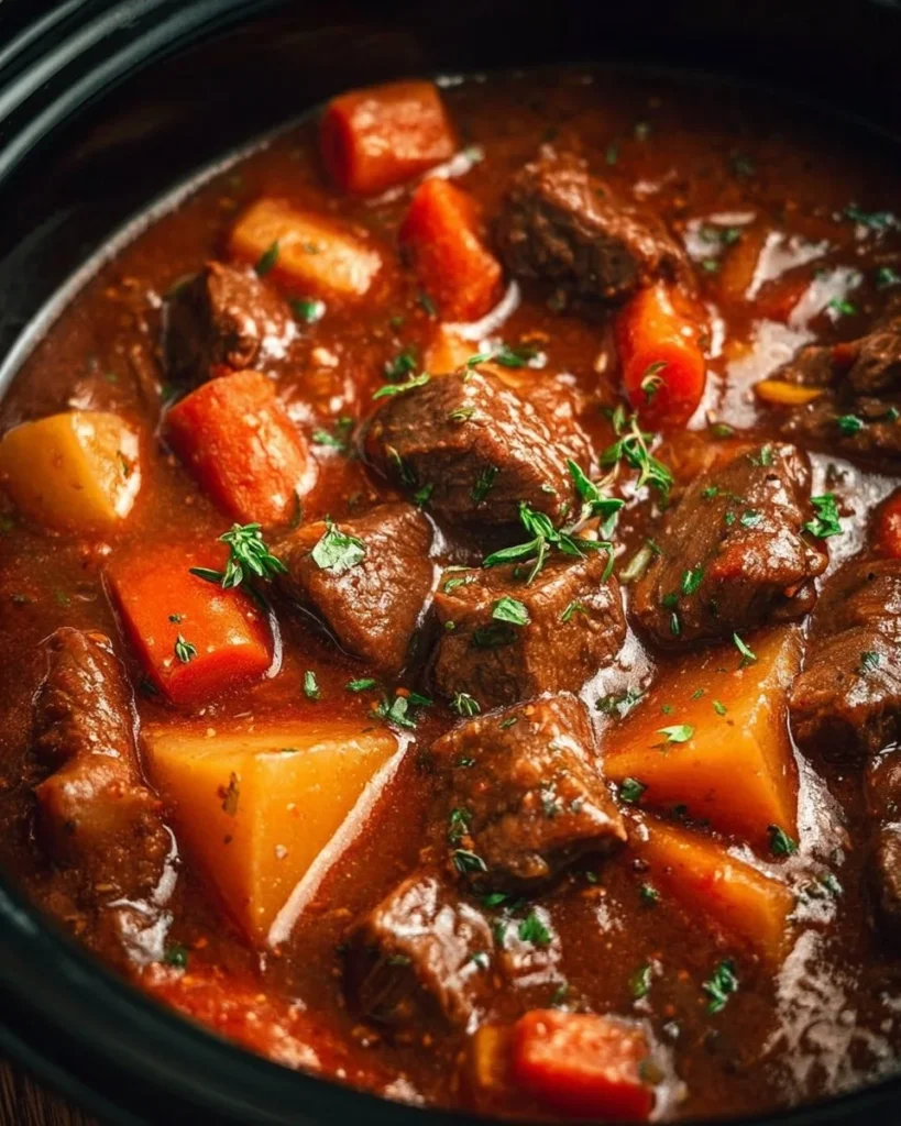 Bowl of simple beef stew with vegetables and herbs