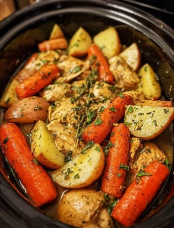 Slow cooker garlic butter chicken served with colorful veggies in a bowl.