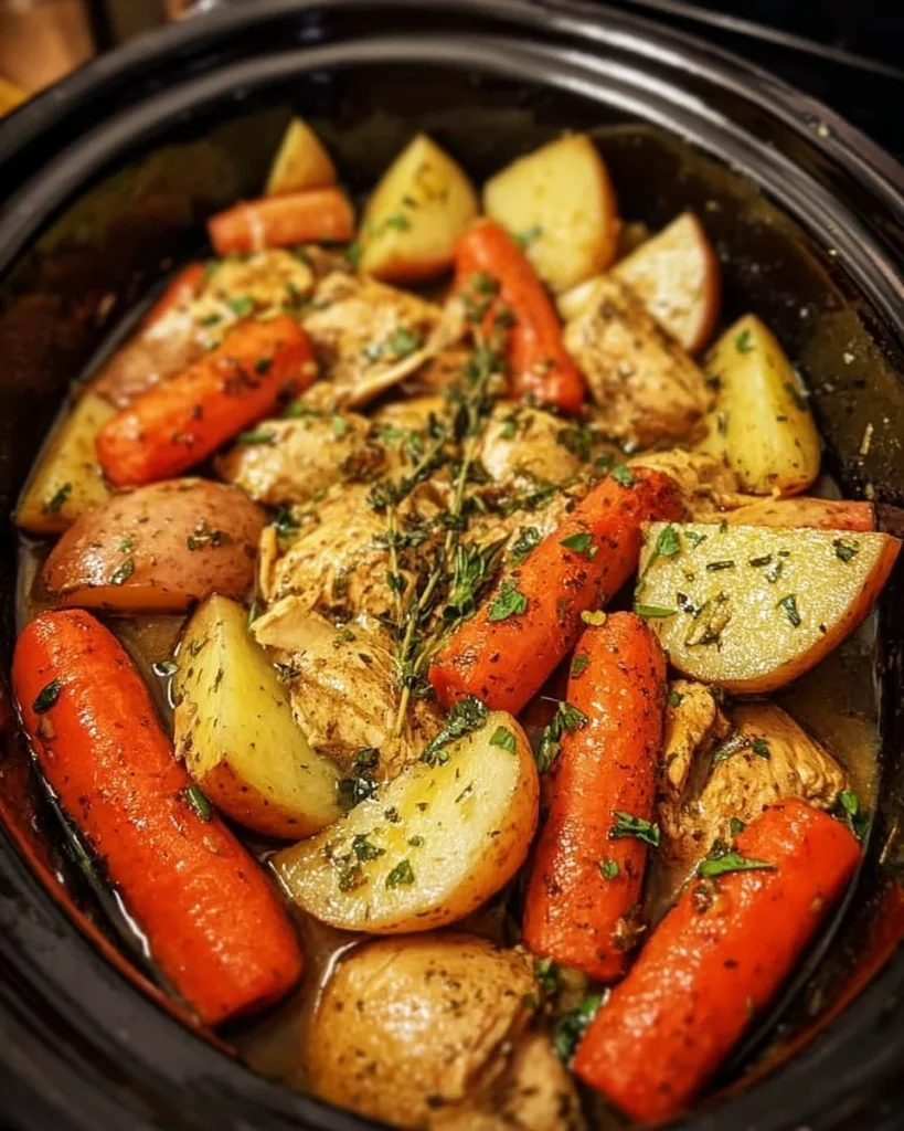 Slow cooker garlic butter chicken served with colorful veggies in a bowl.