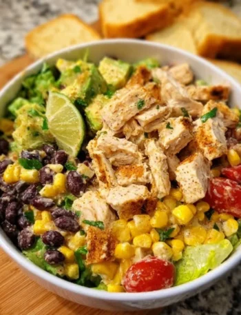 Colorful Southwest Chicken Salad with grilled chicken, beans, corn, and avocado