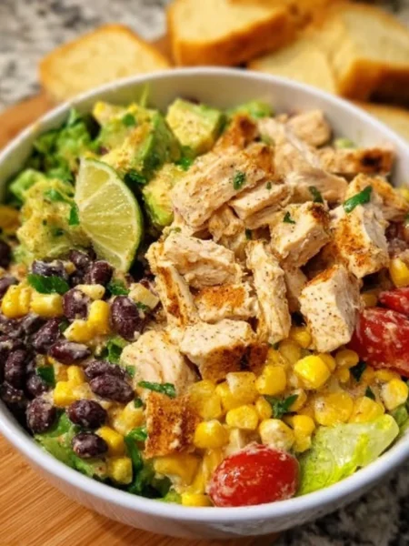 Colorful Southwest Chicken Salad with grilled chicken, beans, corn, and avocado