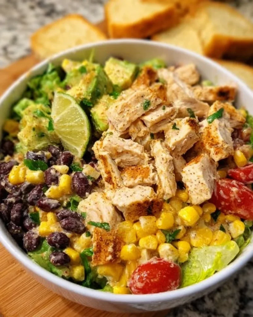 Colorful Southwest Chicken Salad with grilled chicken, beans, corn, and avocado