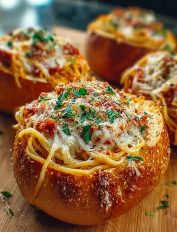 Spaghetti garlic bread bowls filled with flavorful pasta and topped with garlic bread