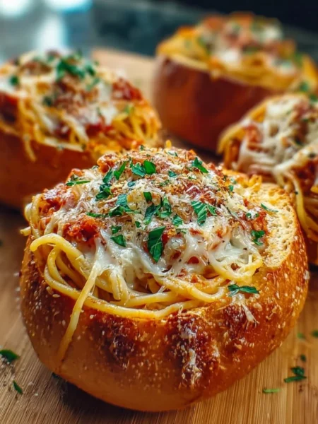 Spaghetti garlic bread bowls filled with flavorful pasta and topped with garlic bread
