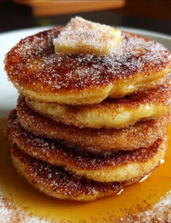 Delicious churro pancakes topped with cinnamon-sugar and chocolate sauce.