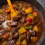 Delicious stove top beef stew simmering with vegetables and herbs.