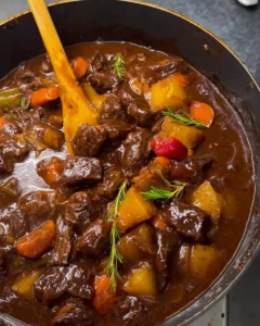 Delicious stove top beef stew simmering with vegetables and herbs.