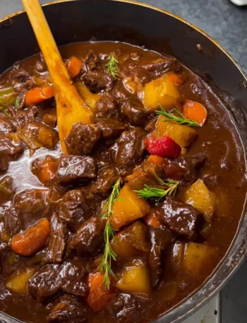 Delicious stove top beef stew simmering with vegetables and herbs.