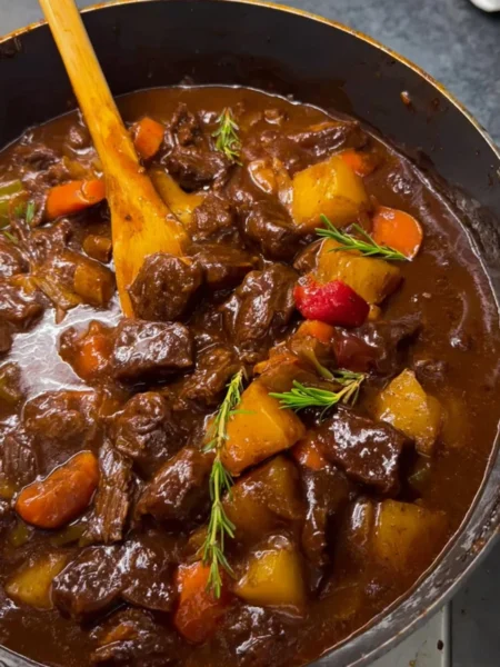 Delicious stove top beef stew simmering with vegetables and herbs.