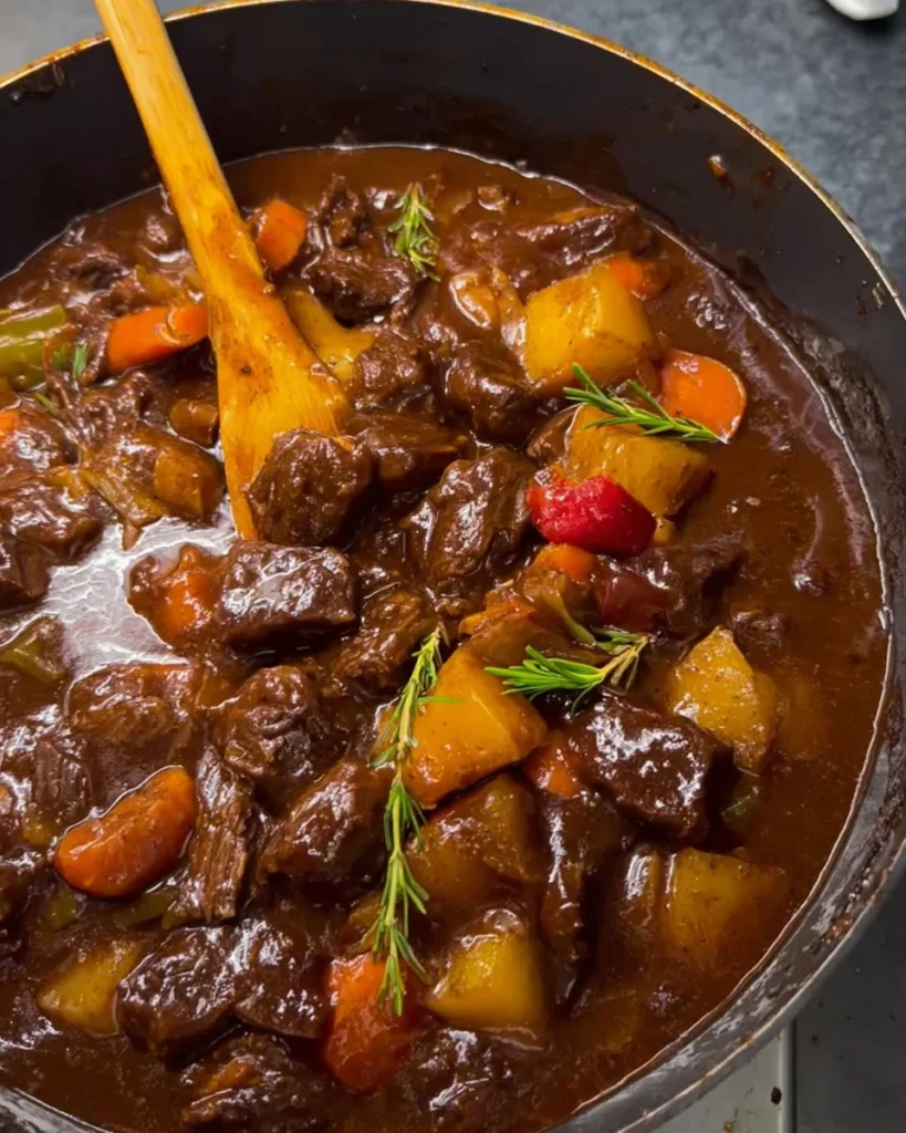 Delicious stove top beef stew simmering with vegetables and herbs.