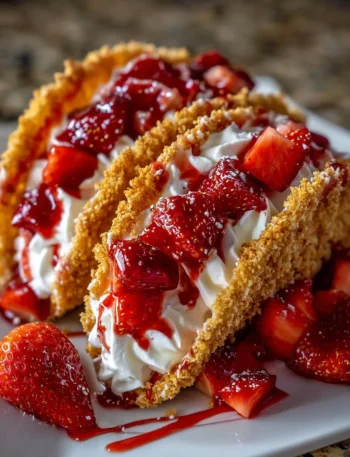 Delicious strawberry cheesecake tacos topped with crunchy toppings