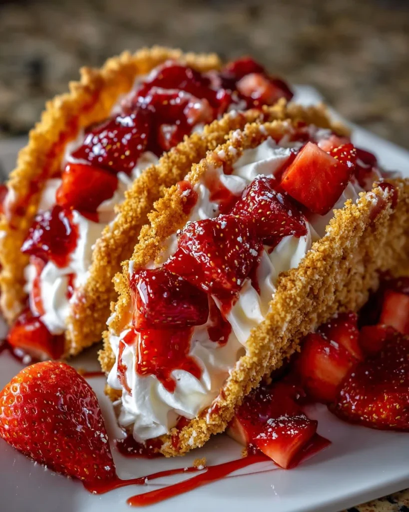 Delicious strawberry cheesecake tacos topped with crunchy toppings