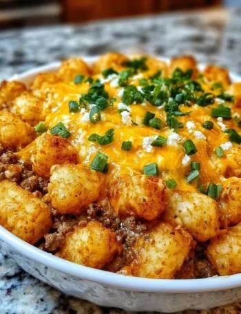Delicious Tater Tot Casserole with melted cheese and ground beef