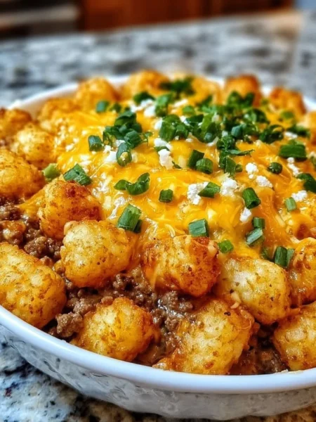 Delicious Tater Tot Casserole with melted cheese and ground beef