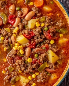 Bowl of Texas Cowboy Stew with vegetables and meat