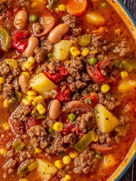 Bowl of Texas Cowboy Stew with vegetables and meat