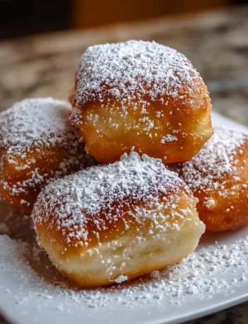 Delicious vanilla beignets dusted with powdered sugar on a plate