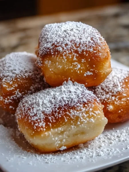 Delicious vanilla beignets dusted with powdered sugar on a plate