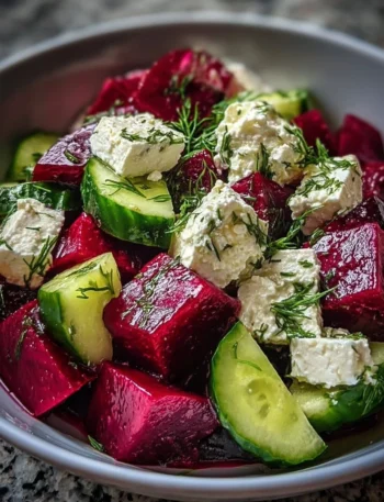 Vibrant beet salad with feta cheese and cucumbers on a plate, a healthy dish.