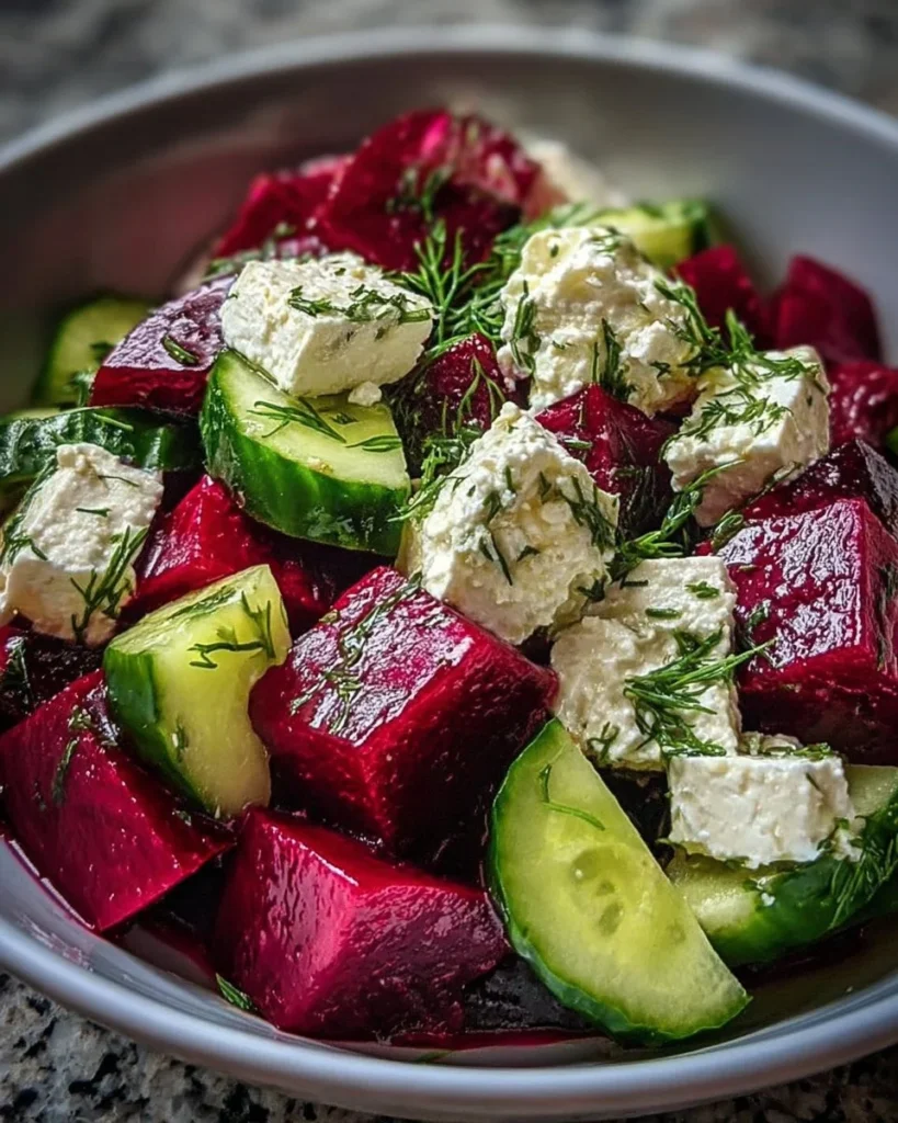Vibrant beet salad with feta cheese and cucumbers on a plate, a healthy dish.