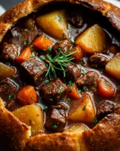 Delicious Witch’s Cauldron Beef Stew simmering in a rustic pot