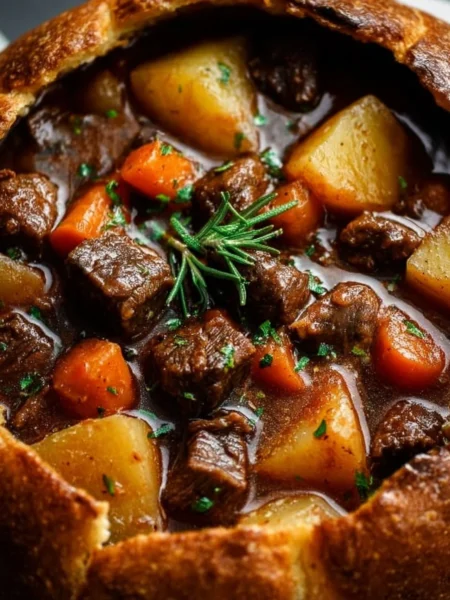 Delicious Witch’s Cauldron Beef Stew simmering in a rustic pot
