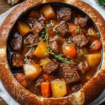 Hearty Witch's Cauldron Beef Stew in a rustic bowl