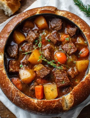 Hearty Witch's Cauldron Beef Stew in a rustic bowl