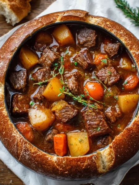Hearty Witch's Cauldron Beef Stew in a rustic bowl