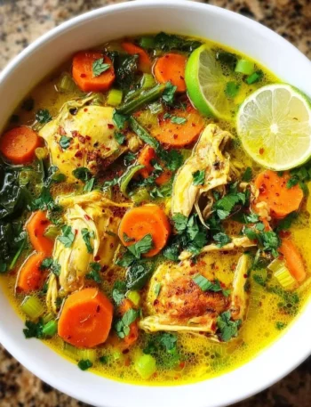 Bowl of anti-inflammatory turmeric chicken soup with herbs and spices