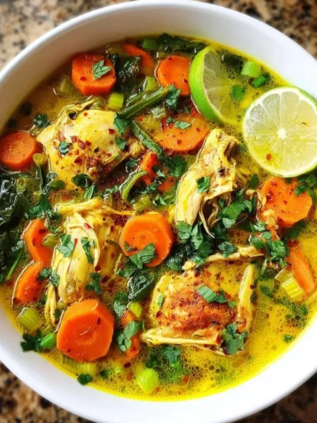 Bowl of anti-inflammatory turmeric chicken soup with herbs and spices