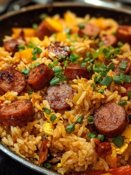 Delicious Cajun Sausage and Rice Skillet served in a rustic pan