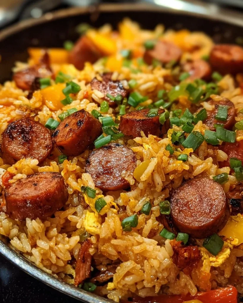 Delicious Cajun Sausage and Rice Skillet served in a rustic pan