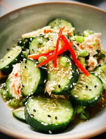 California Roll Cucumber Salad with crab, cucumber, and avocado