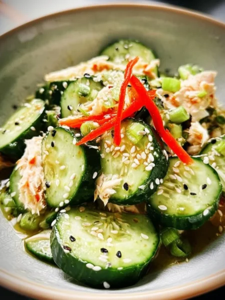 California Roll Cucumber Salad with crab, cucumber, and avocado