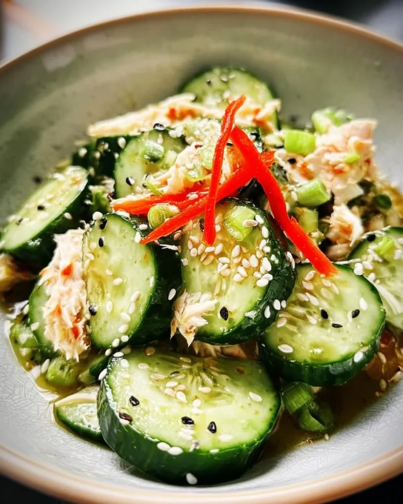 California Roll Cucumber Salad with crab, cucumber, and avocado