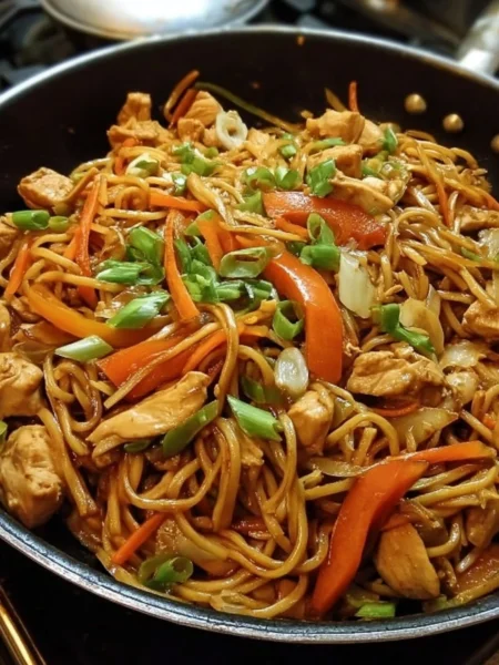 A delicious plate of Chicken Lo Mein with colorful vegetables and noodles.
