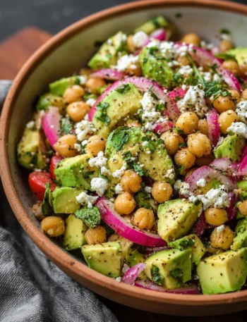Chickpea Feta Avocado Salad with colorful vegetables in a bowl