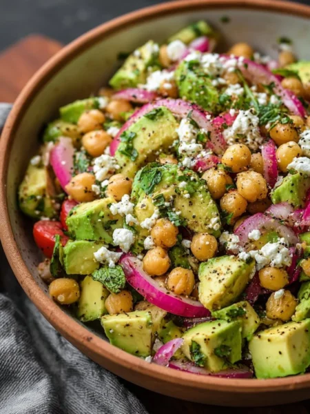 Chickpea Feta Avocado Salad with colorful vegetables in a bowl