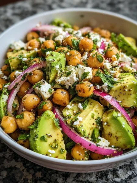 Chickpea Feta Avocado Salad with fresh ingredients in a bowl