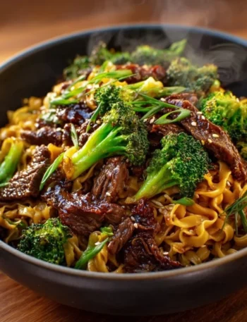 Delicious bowl of Chinese Crispy Beef and Broccoli Noodles garnished with vegetables