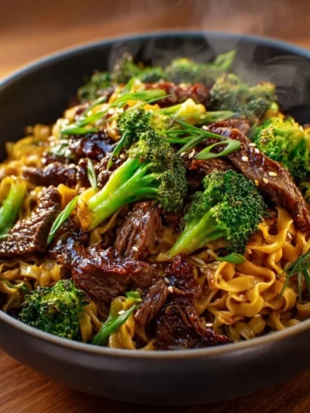 Delicious bowl of Chinese Crispy Beef and Broccoli Noodles garnished with vegetables