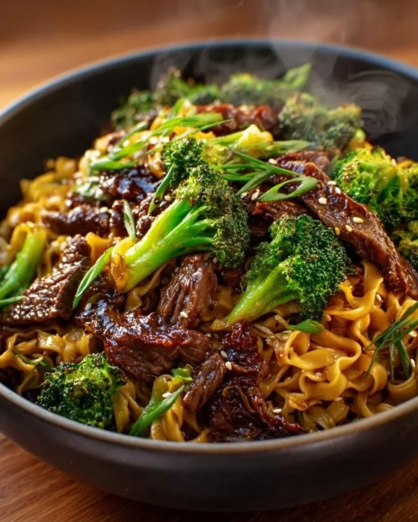 Delicious bowl of Chinese Crispy Beef and Broccoli Noodles garnished with vegetables