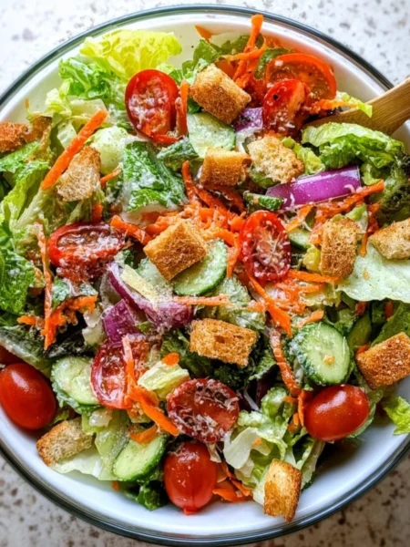 Classic house salad with fresh vegetables and dressing served in a bowl